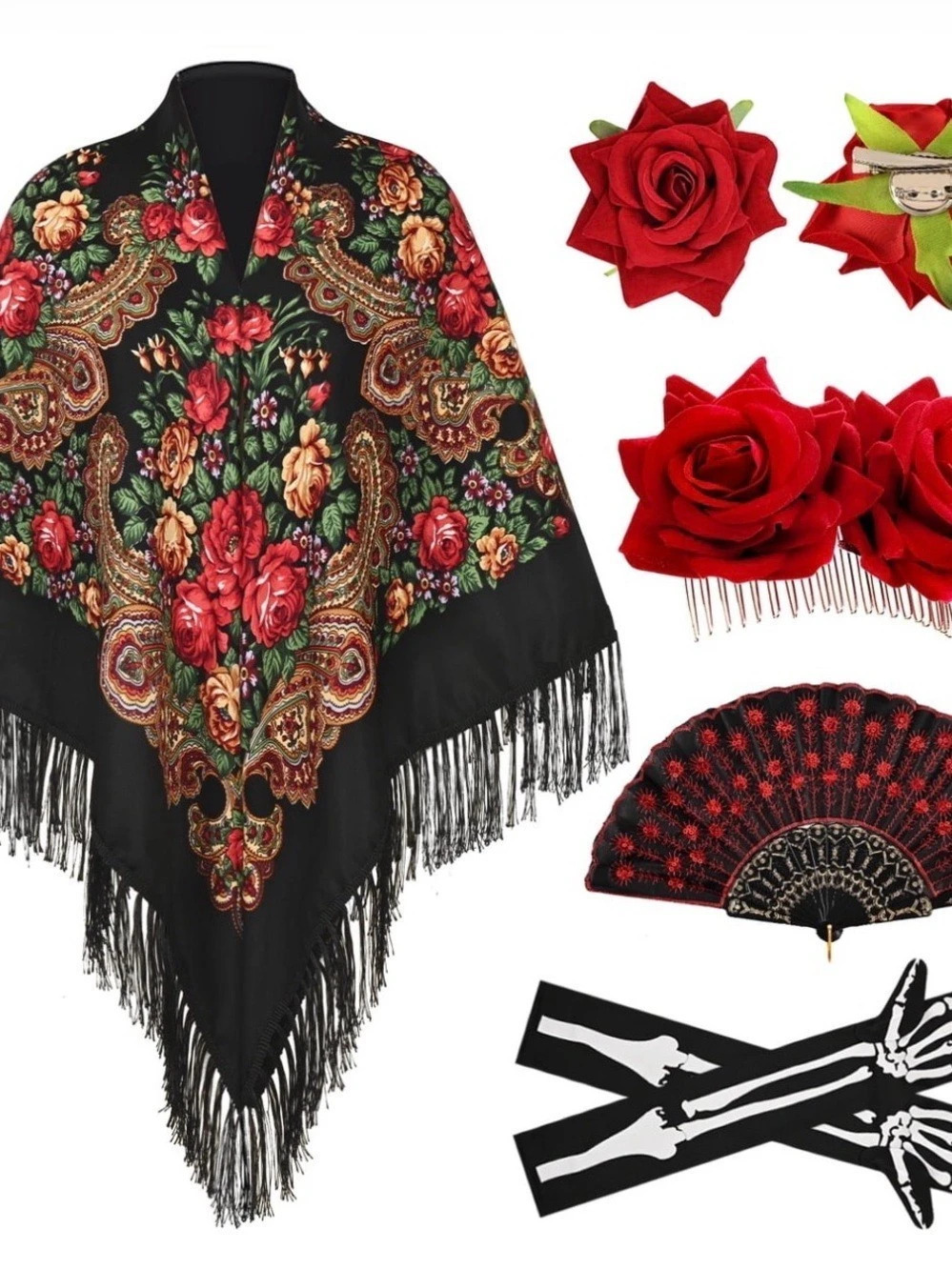7 Pc Dia de los Muertos Costume Set Shawl Fan Gloves Roses Halloween